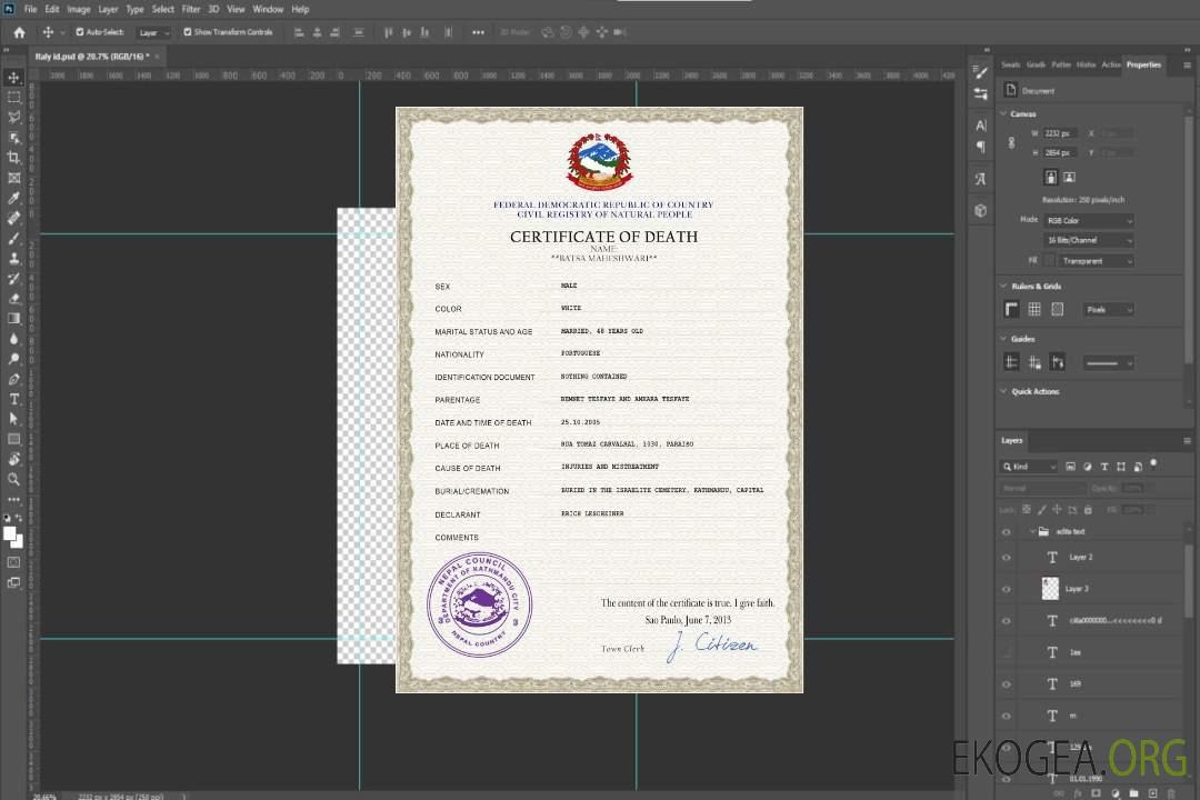 Modèle PSD de certificat de décès de l'état civil du Népal template Modèle PSD de certificat de décès de l'état civil du Népal template